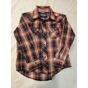 Wrangler Pearl Snap‎ Shirt Long Sleeve Boys Rust/Navy Plaid Small (5-6)  EUC